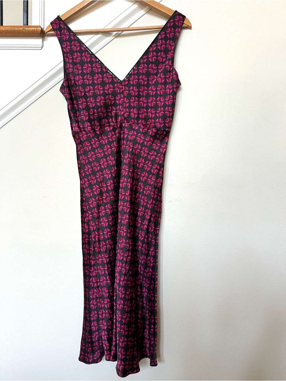 RARE Y2K Betsey Johnson 100% Silk Midi Dress Geometric Hot Pink Black M